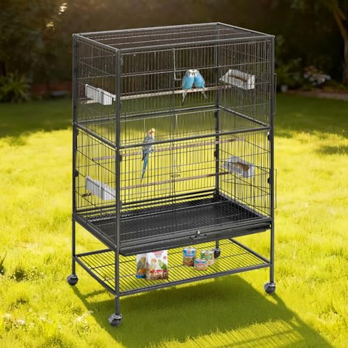 VEVOR Bird Cage, 31.5 x 20.5 x 52 inch, Flat Top, Wrought Iron Bird Flight Cage with Perches, Slide-Out Tray and Plastic Feeders, Casters, for Parrot, Blue Tit, Cockatiel, Canary, and Monk Parakeet - size: 31.5"L x 20.5"W x 52.0"H