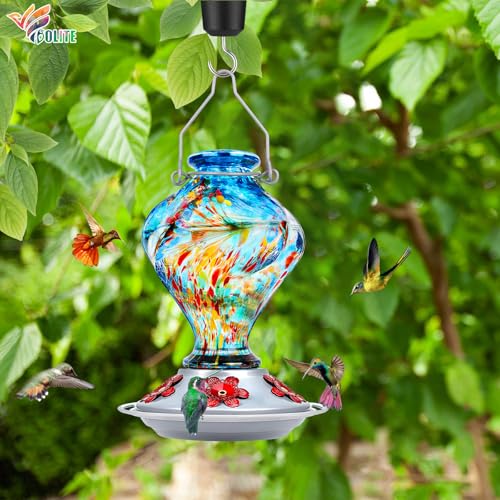 Glass Hummingbird Feeders for Outdoors Hanging with ant Moat, Blue | Hand Blown, 24oz, 5 Bee-Proof Ports, 360° Perch, Leak-Proof, Easy Refill & Clean, Garden Decor, Gifts for Mom Dad Women Men - color: Blue Phoenix
