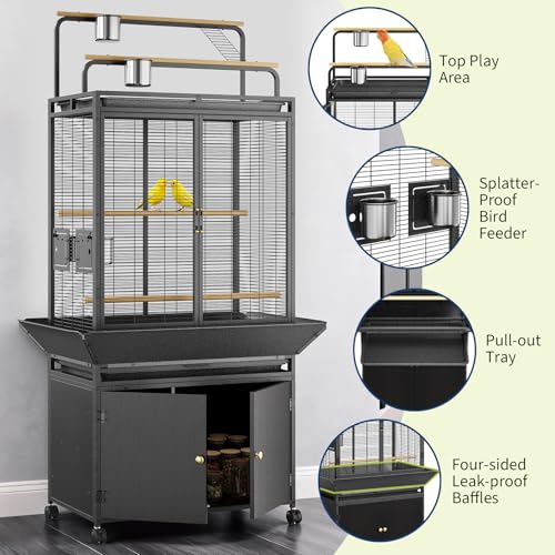 GarveeLife Large Bird Cage, Parakeet Cage with Play Top & Storage Cabinet, Indoor Outdoor Birdcage for Parrot, Cockatiel, Macaw Budgie, Black Walnut Wood