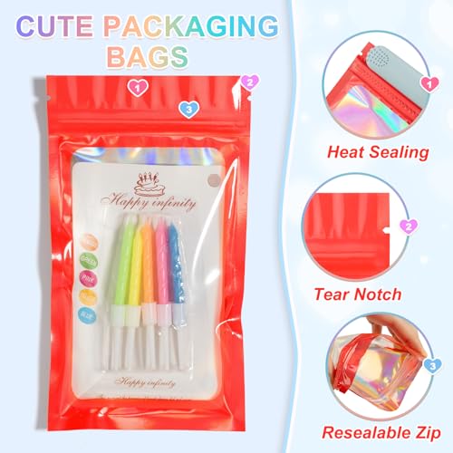 ANZNKU 100PCS Holographic Red Mylar Bags, Resealable Smell Proof 3.5x6.3 | with Clear Window, Small Business Packaging for Jewelry Candy Treat Sample Freebie, Sealable Foil Zipper Goodie Gift Baggies - color: Red, size: 3.5 x 6.3 Inch