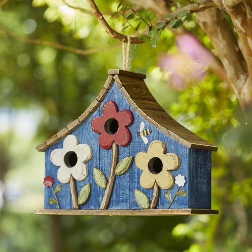 Glitzhome Bird Houses for Outdoors, 15" L Oversized Distressed Solid Wood Garden Hanging Birdhouse with 3D Flowers Three-Story Villa Decorative Hand-Painted Blue Bird Houses for Outside,Washed Blue - color: 15"L 3D Flowers Washed Blue