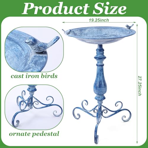 Newtay 27.25" Ornate Metal Pedestal Style Birdbath with Cast Iron Vintage Birds Baths for Outdoors on Rim Full Base Standing Bird Bath Tray for Garden Yard Decoration Not Easy to Rust (Blue) - color: Blue