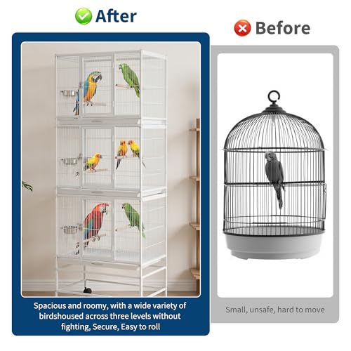 74 Inch Large Bird Cage, Large Flight Aviary with 3 Dividable Compartments for Parakeets Cockatiels Conures Finches, Heavy Duty Breeder Cage with Slide Out Trays for Multi Bird Homes, White - color: White