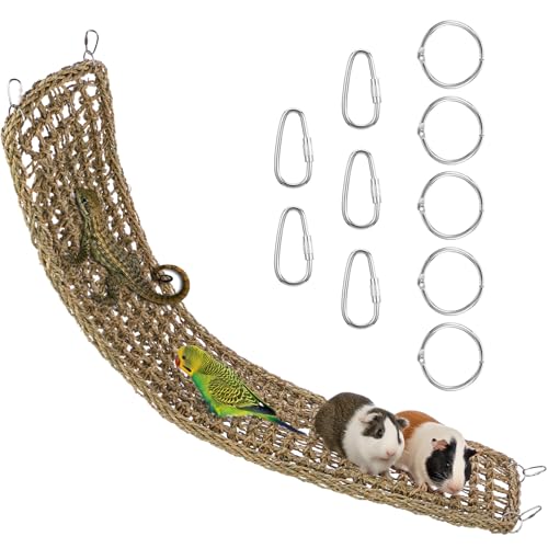 39.34 x 7.08 Inch Large Seagrass Mat for Birds with 5 Hooks, Bird Cage Accessories, Natural Grass Woven Bird Net Hammock Mat, Climbing Rope Ladder Chew Toys