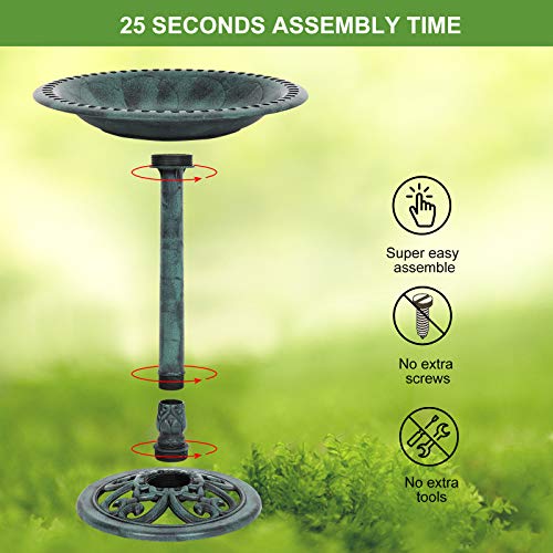 VINGLI Pedestal Bird Bath with Solar Fountain, Solar Pump Resin Birdbaths, Weather Resistant Bird Baths with Ground Stakes, Vintage Finish Garden Decor for Outdoor, Patio, Yard, Lawn(Green) - color: Green