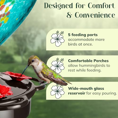 Hand Blown Glass Hummingbird Feeder for Outdoors All Season Use - 28 Fl. Oz. Leak Proof Hummingbird Feeder with Rust Proof Base - Includes Ant Moat, Ant & Bee Proof (Teal) - color: Teal
