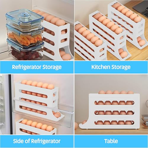 ZAYLAN Auto-Rolling Egg Holder for Fridge – 4-Tier Space-Saving Dispenser Holds 28 Eggs, White Organizer with FREE Flower Egg Cutter - color: WHITE