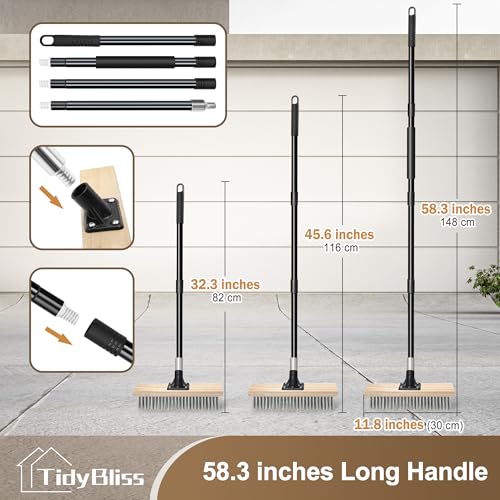 TidyBliss Stainless Steel Wire Scrub Brush with Long Handle, Heavy Duty Stiff Metal Broom Scrubber, Outdoor Moss Removal for Concrete Floor, Deck, Garden, Patio, Roof, Brick, Garage, Swimming Pool