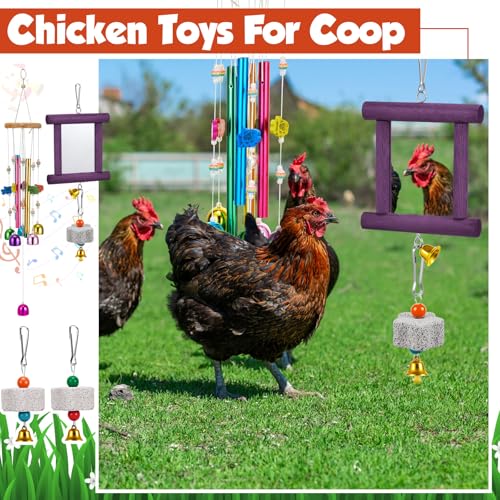 VioraWhite 7 Pcs Chicken Toys, Hanging Chicken Wind Chime, 2 Pcs Coop Mirror Toys with Bells 4 Pack Beak Grinding Stones, Musical Coop Accessories for Hen Rooster Chick Poultry Birds(Yellow, Purple) - color: Yellow, Purple