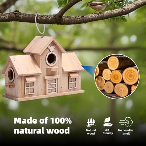 Wooden Birdhouse with Multiple Nesting Compartments, Hanging Bird House, 11.8 x 4.7 x 8.66 Inch