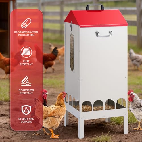 70-85lbs Automatic Chicken Feeder No Waste Gravity Poultry Feeder | Large Capacity Galvanized Chicken Food Dispenser with 16 Ports and Visible Feed-Level, for Duck, Goose,Turkey, Tapered Lid