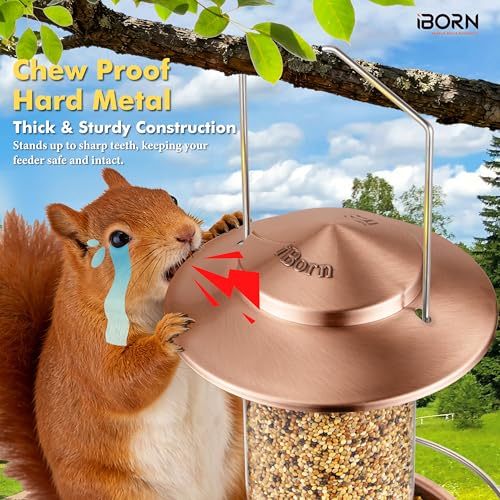 Bird feeders for Outdoors Metal Chew Resistant Copper-Plating, 1PK | Metal Roof, Metal Tray, Fixed Hanger, Flip-Top Fill, 3 Perches, Easy-Clean, 1.32lb - color: Brushed Copper, 1.5LB, 3 Perches