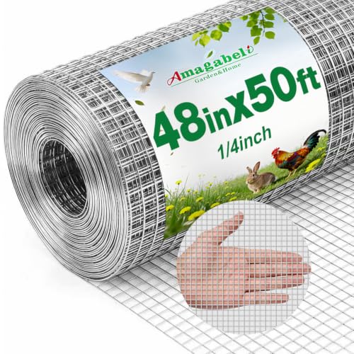 Amagabeli Galvanized Hardware Cloth 1/4 inch 48 x 50 ft 23 Gauge Chicken Wire Fence Welded Wire Mesh Roll Plant Supports Poultry Netting Garden Bed Animal Cage Snake Rabbit Gopher Rodent Proof - size: 1/4" 48"x50'
