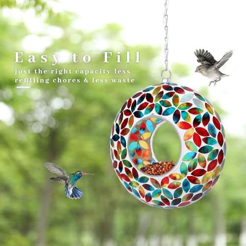 VCUTEKA Solar Bird Feeder, Fly Through Mosaic Birdfeeder for Garden Decor | 10" Mosaic Bird Feeders for Outside Hanging Round Shape Glass Container to Attract More Wild Bird Feeders for Bird Lovers - color: Red&Blue