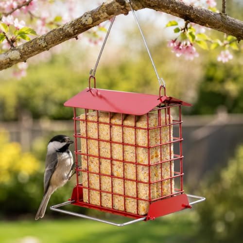 HOSUN Metal Suet Bird Feeder, Hanging Outdoor Wild Bird Cage, Red | All Metal Suet Cage, Weather-Resistant Roof, Easy Refill Top, Bottom Perch, Ventilated Base, Year Round Bird Feeding