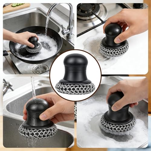 316 Upgraded Cast Iron Scrubber with Pan Scraper,Cast Iron Cleaner for Grill Pan Skillet Wok Carbon Steel,Ergonomic to Hold Easy to Use Dishwasher Safe ((Large Chain Mail,2pcs)) - size: (Large Chain Mail,2pcs)