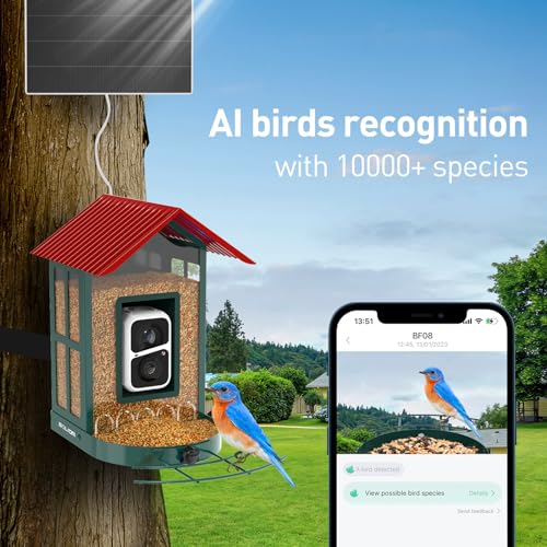 SOLIOM Smart Bird Feeder with Camera for Outdoors, Durable Metal Solar AI Birdhouse, 2K Live View & Instant Alerts, Squirrel-Proof – Complete Bird Watching Gift Set(Red) - color: Red Medium Set