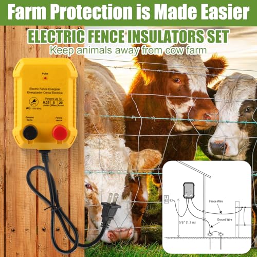 Electric Fence Charger Set 5 Mile 110VAC 0.25 Joule Electric Plug in Fence to Contain Chickens Pet Poultry 50 Black Insulator and 1 Socket Tool 250ft Aluminum Wire for Garden Pond Protection - style: 0.25 Joule