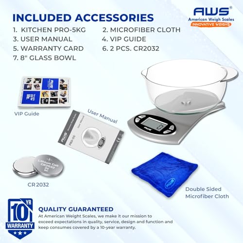 AWS Kitchen Pro 0.1g/0.001oz Precision Food Scale 5kg/11lb Digital Bowl Scale with Tempered Glass, | 2.72L Dishwasher-Safe Bowl, Tare, Timer, Clock & Room Temperature Display | Ultra Cooking Scale - size: 5000g x 1g