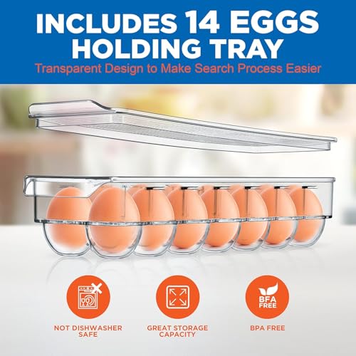 NutriChef Refrigerator Organizer Bins 6-Piece - Plastic Storage Bins with Egg Holder - For Fridge, Freezer, Kitchen, Cabinet, Countertops, Pantry - Stackable Food & Drink Containers, 14.5"x7" - Clear - style: 6-Piece