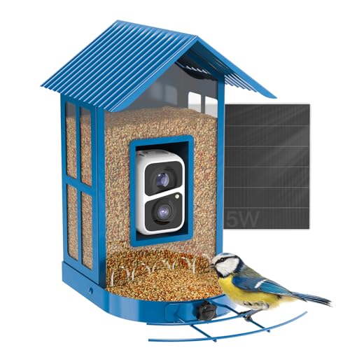 Bird Feeder with Camera with AI Identify Species, Wild Bird Watching, 2K Live View, Instant Arrival Alerts with 5W Solar Powered-Soliom BF08 Metal Blue - color: Blue Large