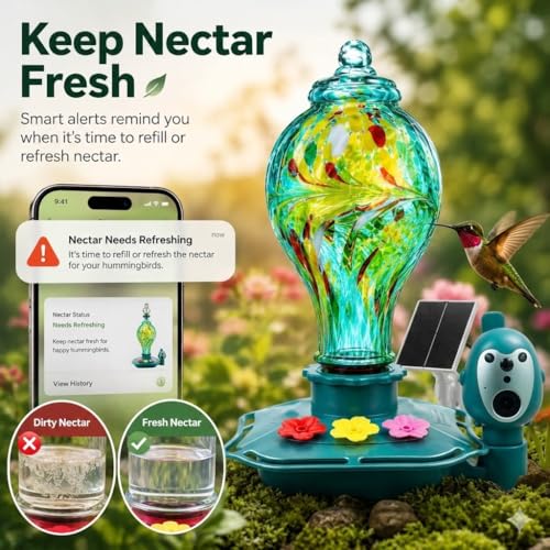 Hummingbird Feeder with Camera, Solar Powered 2K Smart Bird Feeder | AI Bird Recognition, Solar Powered, 2K Camera, Hand-Blown Glass Design, Leak-Proof, Bee Resistant, Easy to Clean
