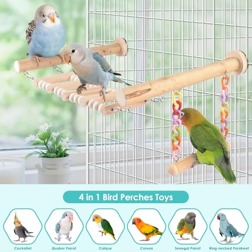 DBNESS Bird Perches Ladder with Swing, Natural Wood Parrot Climbing Bridge Perch Toys, Exercise Play Stand Parakeet Cage Accessories for Budgie Cockatiel Green-Cheeked Conure Caique