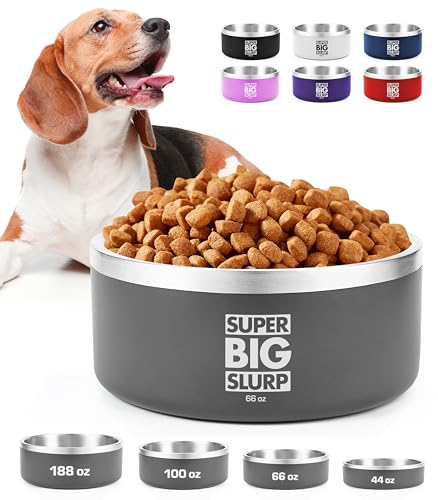 Tuff Pupper Heavy Duty Insulated Dog Bowl | Double Wall Stainless Steel Dog Food Dish | Non-Slip Spill Proof Dishwasher Safe Cat Bowl | Water Dish for Feeding Large Medium Small Pets (66oz, Grey) - color: Cool Grey, size: 66oz