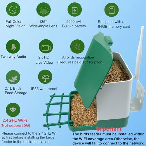 Ceeyali Smart Bird Feeder with Camera and 64GB Memory Card, 2K HD Video & Photo Live View, Solar Powered Panel, AI Birds Identification, 2.4G WiFi, 2.1L Seed Capacity (F2A Green) - color: F2A Green