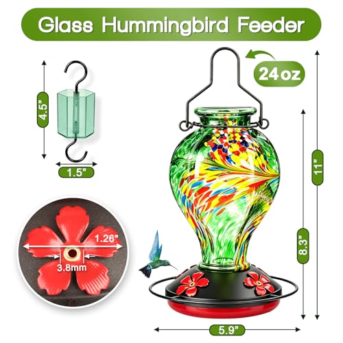 Hand Blown Glass Hummingbird Feeders for Outdoors Hanging, 24oz Wild Bird Nectar Feeder with Ant Moat and Perch, Bee-Resistant Ports, Garden Decor, Gifts for Women Mom, 1 Pack, Green Phoenix - color: Green Phoenix