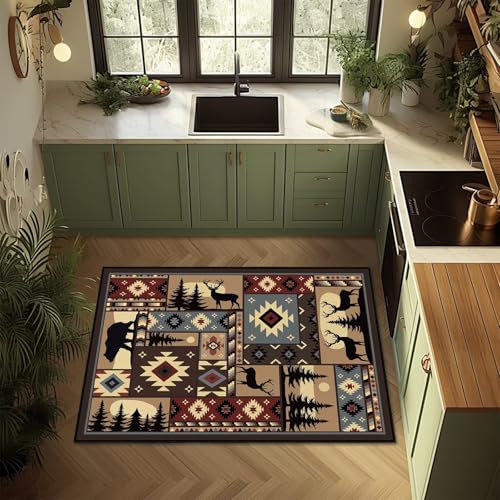 Rustic Rug for Bedroom,Cabin Wildlife Area Rug 3x5 Throw Carpet,Buffalo Plaid Bear Moose Deer Country,Ultra-Thin Washable Kitchen Rugs Indoor Entryway Rug Non Slip Floor Carpets for Living Room,Office - size: 3'x5'