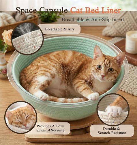 Cotton Rope Cat Bed Mat for Space Capsule, 13.8" Breathable Round Nest Liner, All-Season Warm & Cooling Pet Pad, Washable Scratch-Resistant Bedding for Cat Tree & Clear Bowl (Green) - color: Green, size: Medium