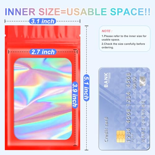 ANZNKU 100PCS Holographic Red Mylar Bags, Resealable Smell Proof 3.1x5.1 | with Clear Window, Small Business Jewelry Candy Treat Freebie Keychain Packaging, Sealable Plastic Zip Goodie Gift Baggies - color: Red, size: 3.1 x 5.1 Inch