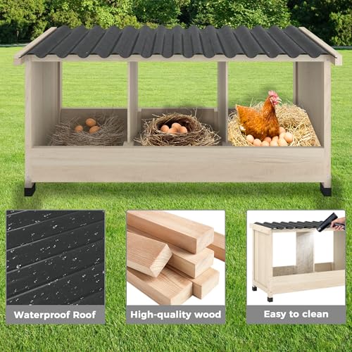 3 Holes Wooden Chicken Nesting Box, Wall Mounted or Floor Use | Chicken Coop Accessorie with PVC Roofing, Preventing Egg Falls, Easy to Assemble, Backyard and Farms, Natural Wood - size: 37.8"L x 13.0"W x 16.9"H