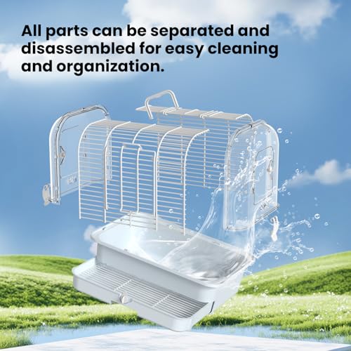 Travel Bird Carrier Cage,Parakeet Portable Cage with Feeder Cup & Standing | Transparent Small Bird Cage,Side-Opening Double Doors,Top Handle,4.9-inch Pull-Out Raised Chassis,Easy to Install