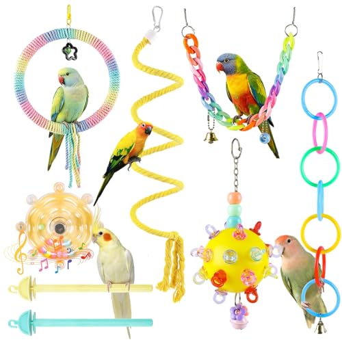 Parakeet Toys Set 8 Pcs Cotton Rope Hanging Swing Colorful Spinning Chewing Standing Perch Parrot Toys Bird Cage Accessories Bird Toy for Lovebird Cockatiel Budgie Finches