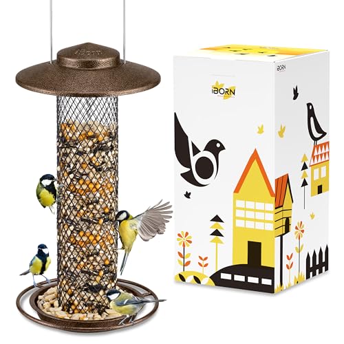iBorn Peanut Bird Feeder,Sunflower Seed Feeder,13.5 Inch Metal Mesh Tube Bird Feeders for Outdoors Hanging,Squirrel-Proof Birdfeeders for Peanut with 17cm Weatherproof Roof & Tray,2 LB Capacity,Coffee - color: Coffee,13.5" Peanut Bird Feeder