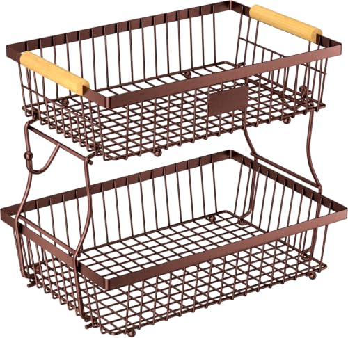 2 Tier Fruit Basket for Kitchen Counter with 2 Banana Hangers, Countertop Metal Bread Basket with Wooden Handle, Large Storage Stand for Vegetables, Snacks, Eggs, Produce Storage – Brown - color: Brown, size: 2 Tier