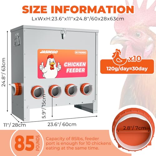 10 Port Automatic Chicken Feeder, No Waste Poultry Feeder with Lid | 85 LBS Large Gravity, Weatherproof Lid, Locking Latch, Convenient Handle, Heavy Duty Automatic Metal Chicken Feeder - size: 10 Ports (85-120 LBS)
