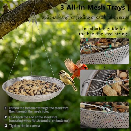 Ground Bird Feeder & Bath Station Set, Dual Size Stainless Steel Feeding Platform for Wild Birds, Squirrels, with Additional Bird Seed Mesh Trays, Outdoor Backyard Multi-Purpose Hanging Feeder - color: bird feeder & bath set