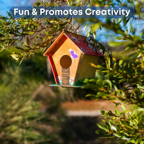 Wooden Birdhouses to Paint - 15 Bulk DIY Bird House Craft Kits for Kids | 15 wrapped unfinished wood kits, each with brush, 6-color strip & guide. Kids 8-12 build, paint and hang them outside - color: 6 Colors Paint