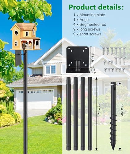 Heavy Duty Bird Feeder Pole - 60 Inch Adjustable 1 Inch Metal Bird House Pole with 14” Deep Auger Base | Outdoor Mount Kit for Bluebird Houses, Hummingbird Feeders, Smart Bird Feeder with Camera - size: 60"