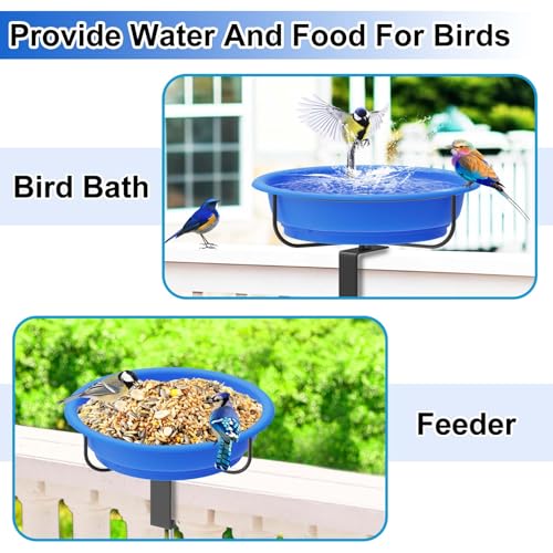 Deck Mounted Bird Bath for Outside, Detachable Plastic Bowl, Blue | Adjustable 3.2" Metal Clamp, Easy to Clean & Install, Railing Birdbath & Birdfeeder, Balcony Fence Garden Decor