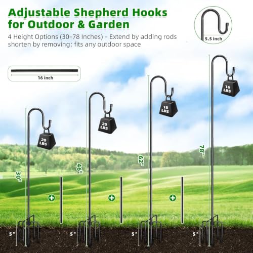 COCONUT 78" Shepherds Hooks for Outdoor, Bird Feeder Pole with 5 Prong Base, Adjustable Height Shepherds Hook for Hummingbird Feeder, Bird Feeder, Lightweight Plant, Wind Chimes, Lanterns (2 Pack) - color: Black, size: 78inch - 2 Pack