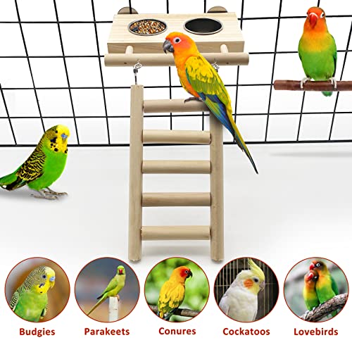 Tfwadmx Bird Food Stainless Steel Cups Wooden Perch Stand Hanging Feeder Bowls Feeding and Watering Supplies for Parakeets Conures Cockatiels Budgie Parrot - size: Style 1