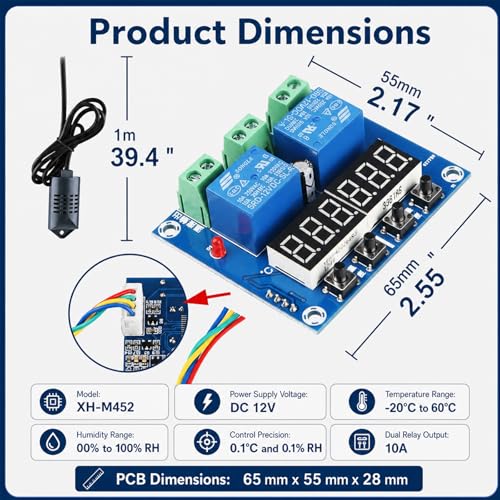 2-Pack XH-M452 Humidity Controller Digital Thermostat, Dual Relay 10A | DC 12V, LED display, independent heating and humidity control, for furnace, humidifier, and incubation projects