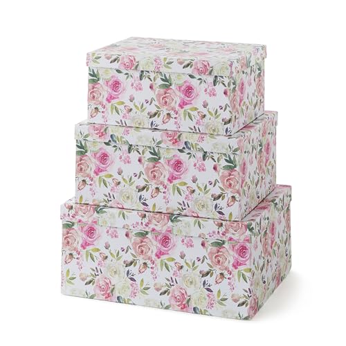 Soul & Lane - Summer Rose Decorative Storage Boxes with Lids, Set of 3 | Large Nesting Cardboard Keepsake Boxes for Photos and Gifts, Pink Vintage Rose Print Containers for Home Decor - color: Summer Rose