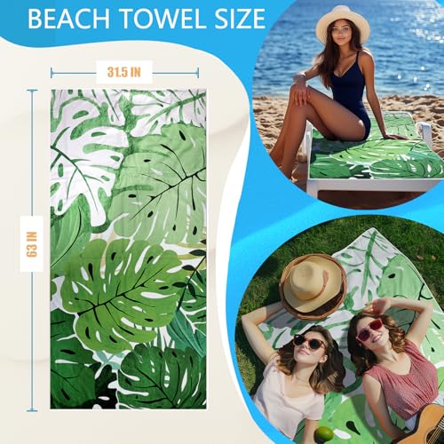 2 in 1 Packable Towel Bag - Summer Tropical Beach Blanket Backpack Green Travel Picnic Towel for Family Holiday Camping - color: Tropical Leaf Green