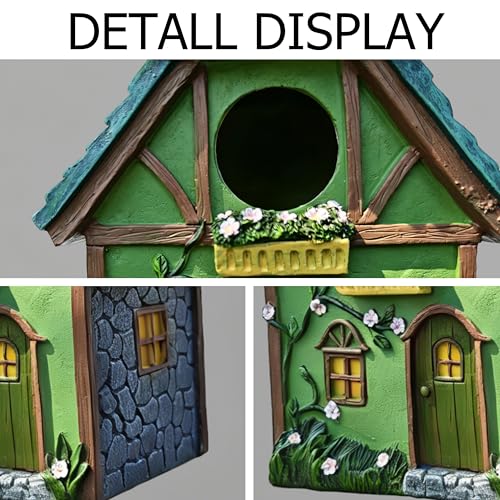 Resin Green House Hanging Bird House for Outside, Hand-Painted Resin Birdhouse with Flower & Vine Details, Weatherback Bird Hut for Garden, Patio, Tree Decor, Bird Nest for Small Wild Birds