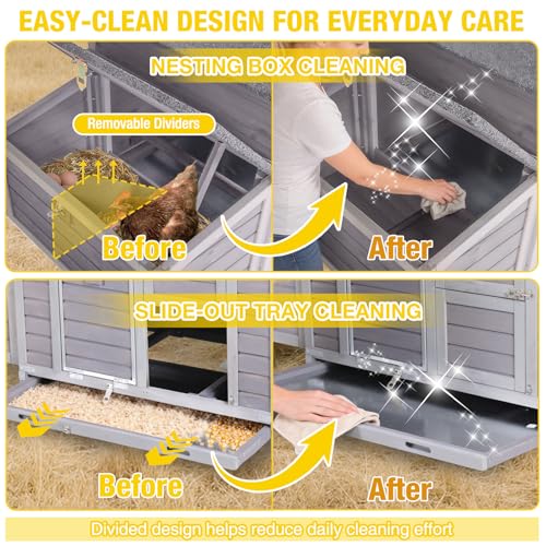 Aivituvin Large Chicken Coop for 4-6 Chickens, Reinforced Outdoor Wooden Hen House with 4 Sectionable Nesting Box, Easy Clean Pull-Out Tray, Waterproof Asphalt Roof - Grey, 67.3"L x 25.4"W x 28.1"H - size: 67.3"L x 25.4"W x 28.1"H